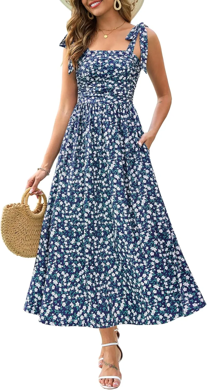 Zattcas Womens 2025 Summer Spaghetti Strap Floral Maxi Dress with Pockets Smocked Flowy Long Beach Vacation Sundresses