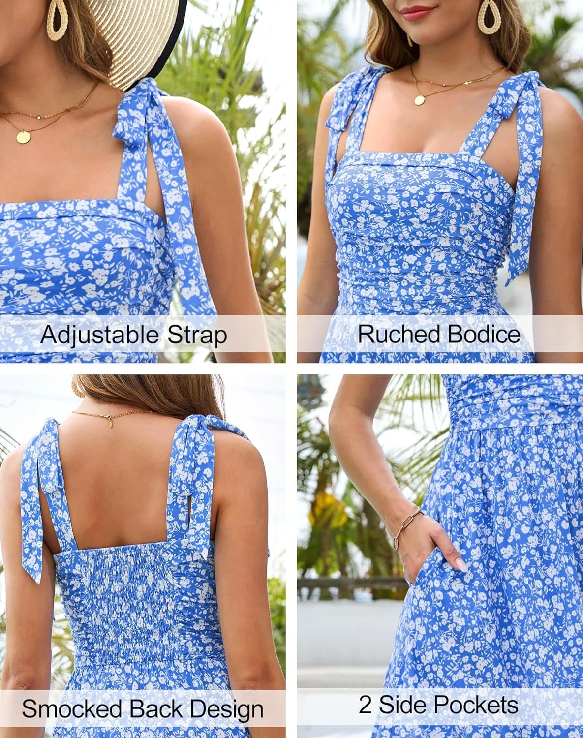 Zattcas Womens 2025 Summer Spaghetti Strap Floral Maxi Dress with Pockets Smocked Flowy Long Beach Vacation Sundresses