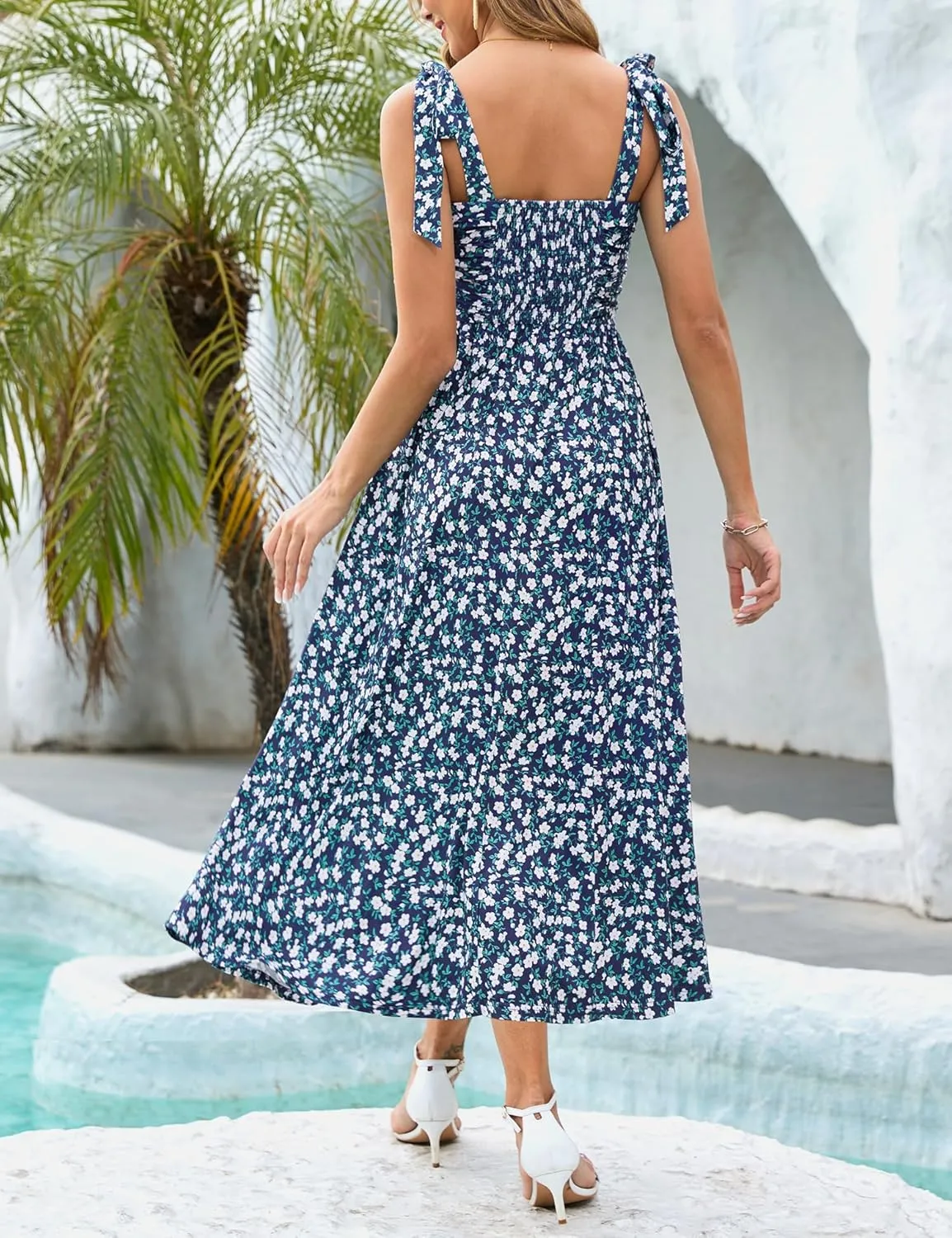 Zattcas Womens 2025 Summer Spaghetti Strap Floral Maxi Dress with Pockets Smocked Flowy Long Beach Vacation Sundresses