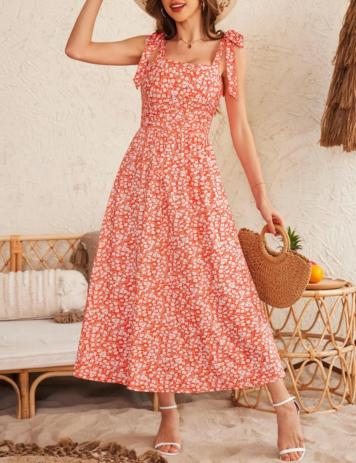 Zattcas Womens 2025 Summer Spaghetti Strap Floral Maxi Dress with Pockets Smocked Flowy Long Beach Vacation Sundresses