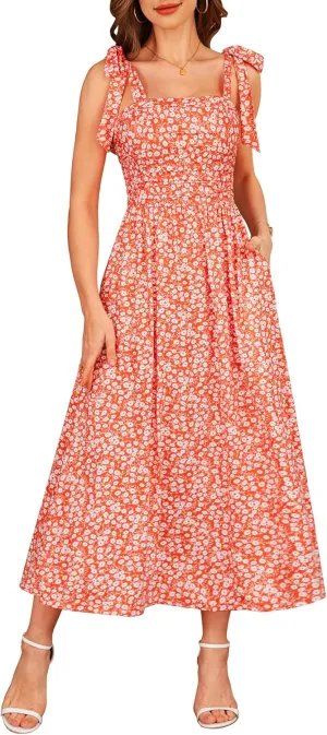 Zattcas Womens 2025 Summer Spaghetti Strap Floral Maxi Dress with Pockets Smocked Flowy Long Beach Vacation Sundresses