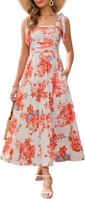 Zattcas Womens 2025 Summer Spaghetti Strap Floral Maxi Dress with Pockets Smocked Flowy Long Beach Vacation Sundresses