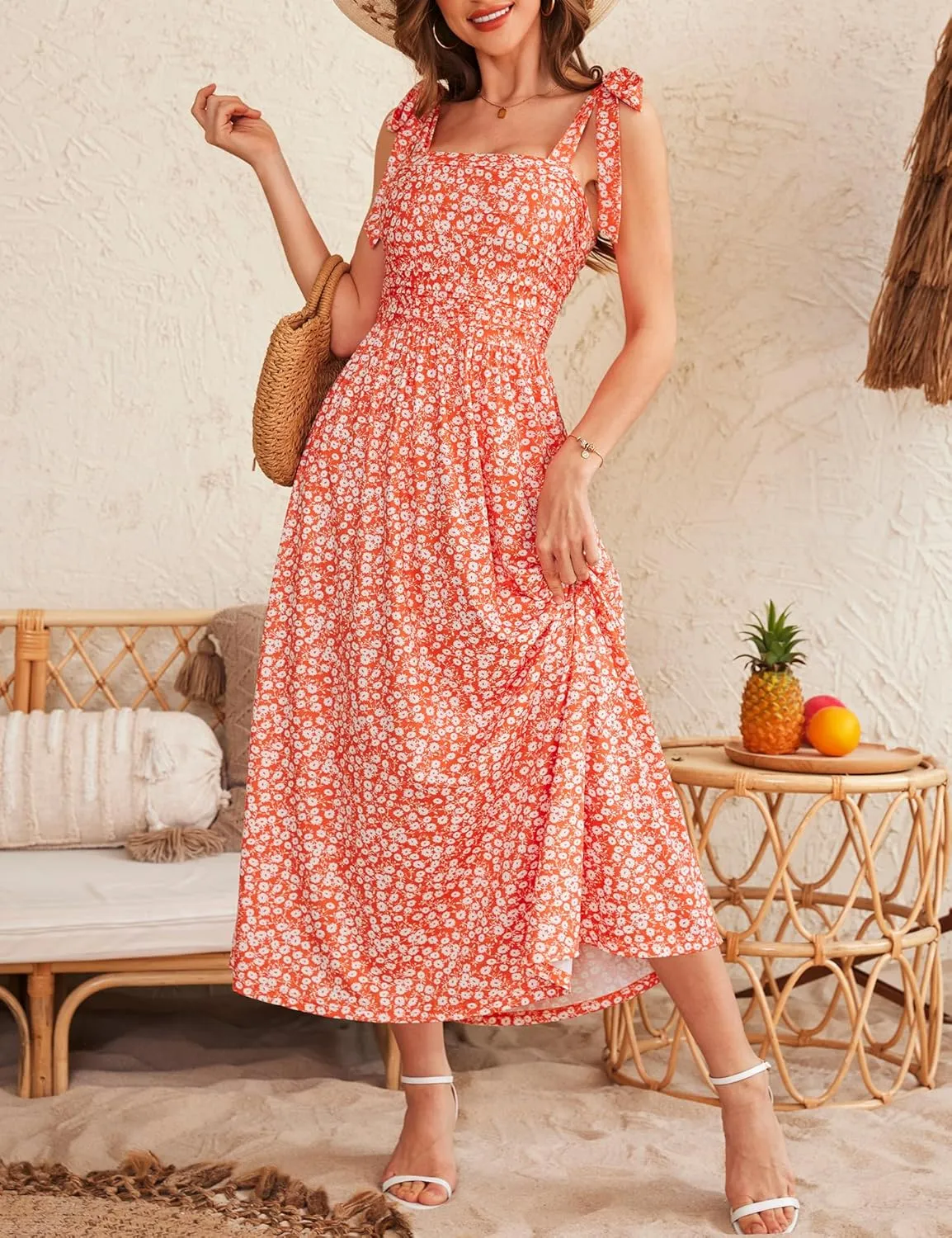 Zattcas Womens 2025 Summer Spaghetti Strap Floral Maxi Dress with Pockets Smocked Flowy Long Beach Vacation Sundresses