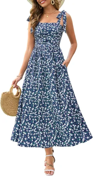 Zattcas Womens 2025 Summer Spaghetti Strap Floral Maxi Dress with Pockets Smocked Flowy Long Beach Vacation Sundresses