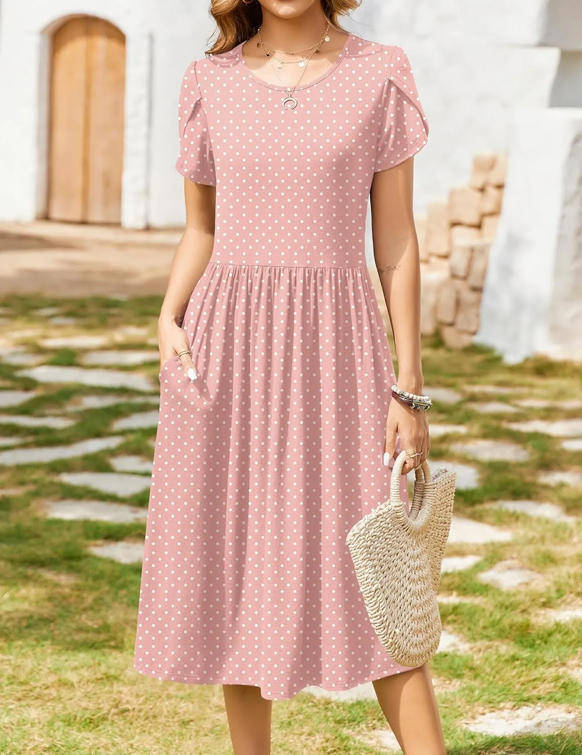 Zeagoo Women Summer Short Sleeve Midi Dress with Pockets Casual Aline Flowy Tshirt Dress Floral Vocation Beach Sundress