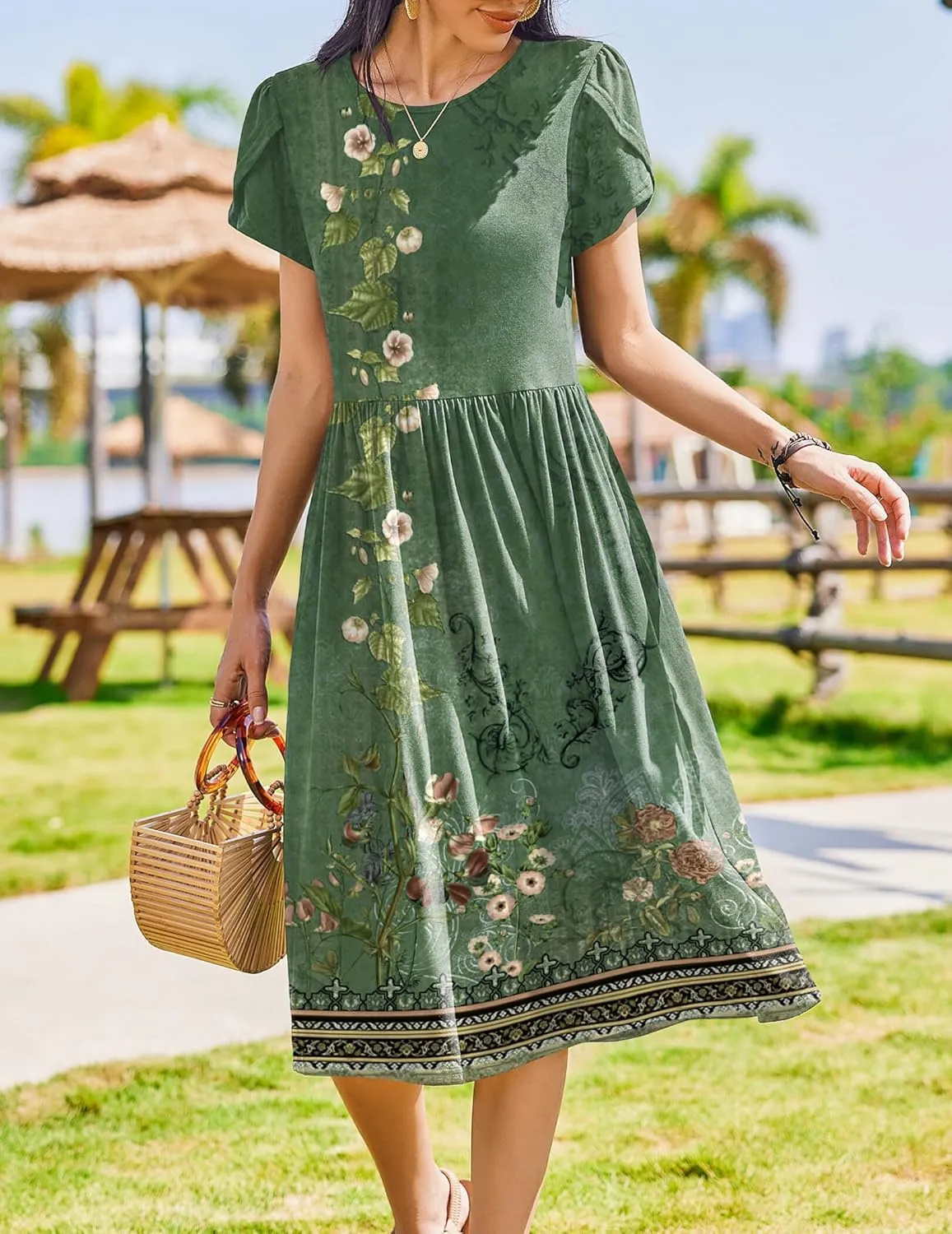 Zeagoo Women Summer Short Sleeve Midi Dress with Pockets Casual Aline Flowy Tshirt Dress Floral Vocation Beach Sundress