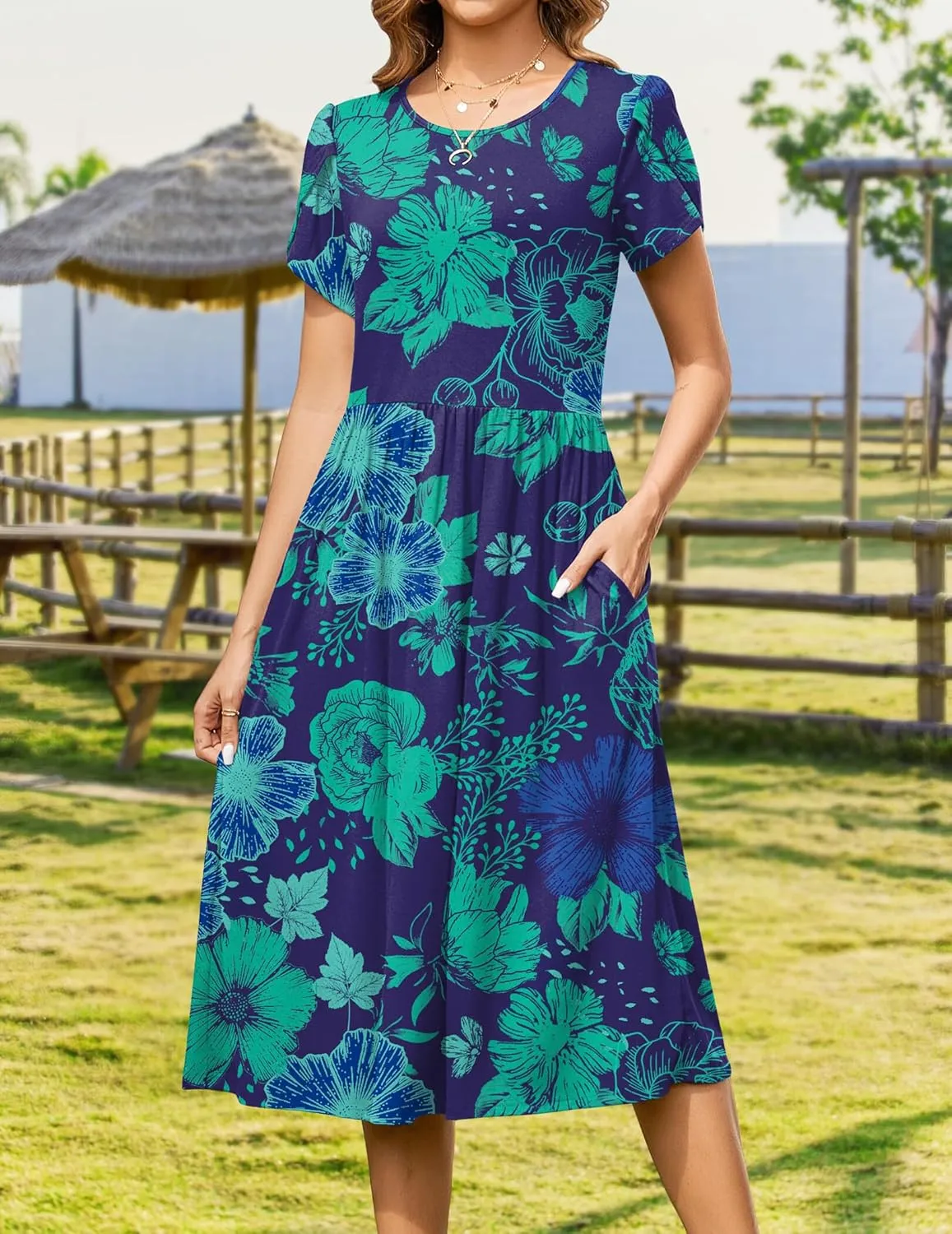 Zeagoo Women Summer Short Sleeve Midi Dress with Pockets Casual Aline Flowy Tshirt Dress Floral Vocation Beach Sundress