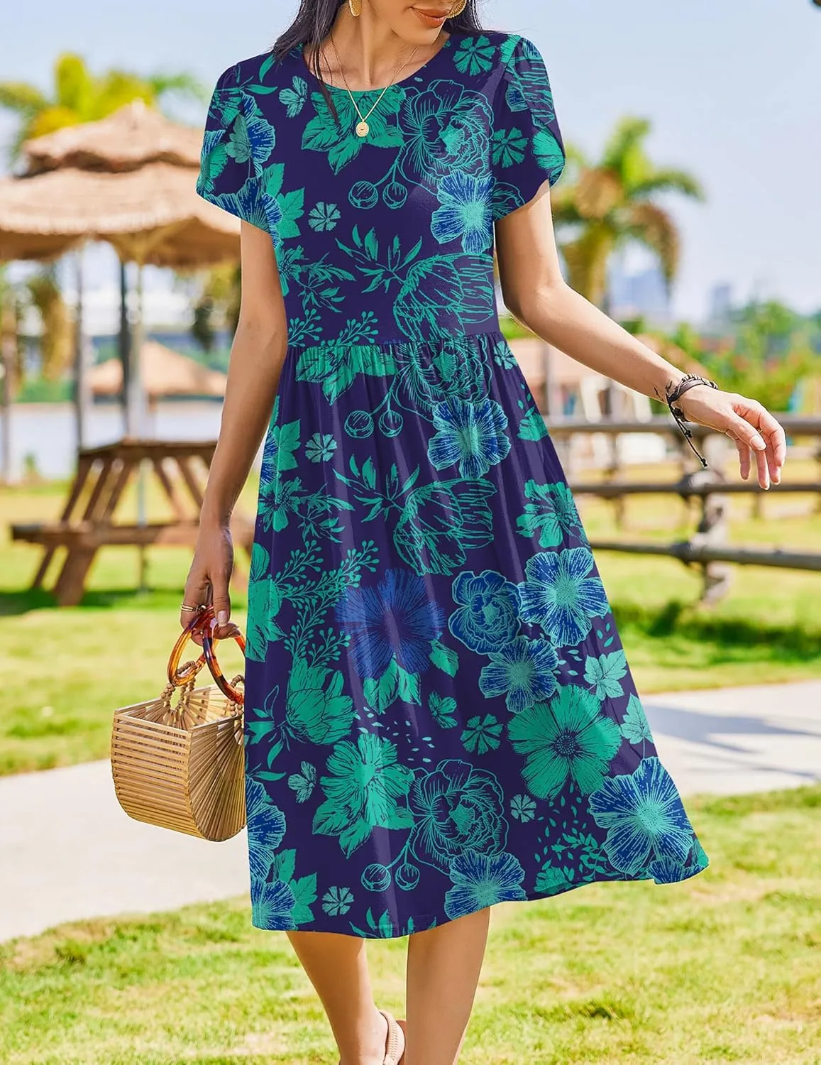 Zeagoo Women Summer Short Sleeve Midi Dress with Pockets Casual Aline Flowy Tshirt Dress Floral Vocation Beach Sundress