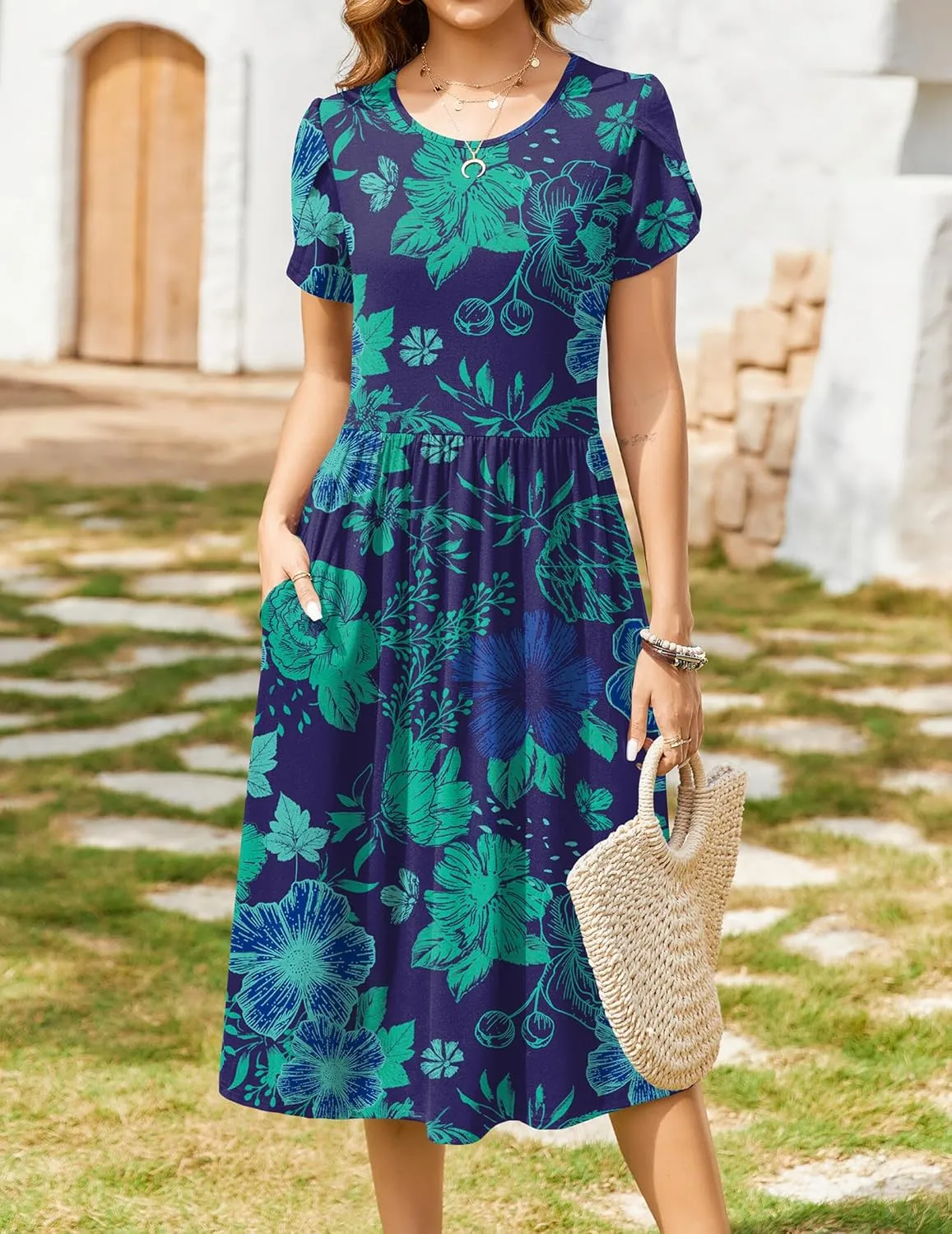 Zeagoo Women Summer Short Sleeve Midi Dress with Pockets Casual Aline Flowy Tshirt Dress Floral Vocation Beach Sundress