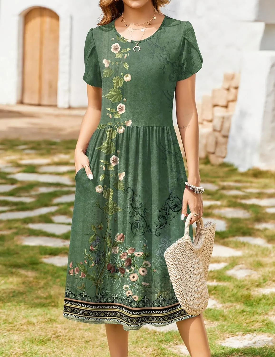 Zeagoo Women Summer Short Sleeve Midi Dress with Pockets Casual Aline Flowy Tshirt Dress Floral Vocation Beach Sundress