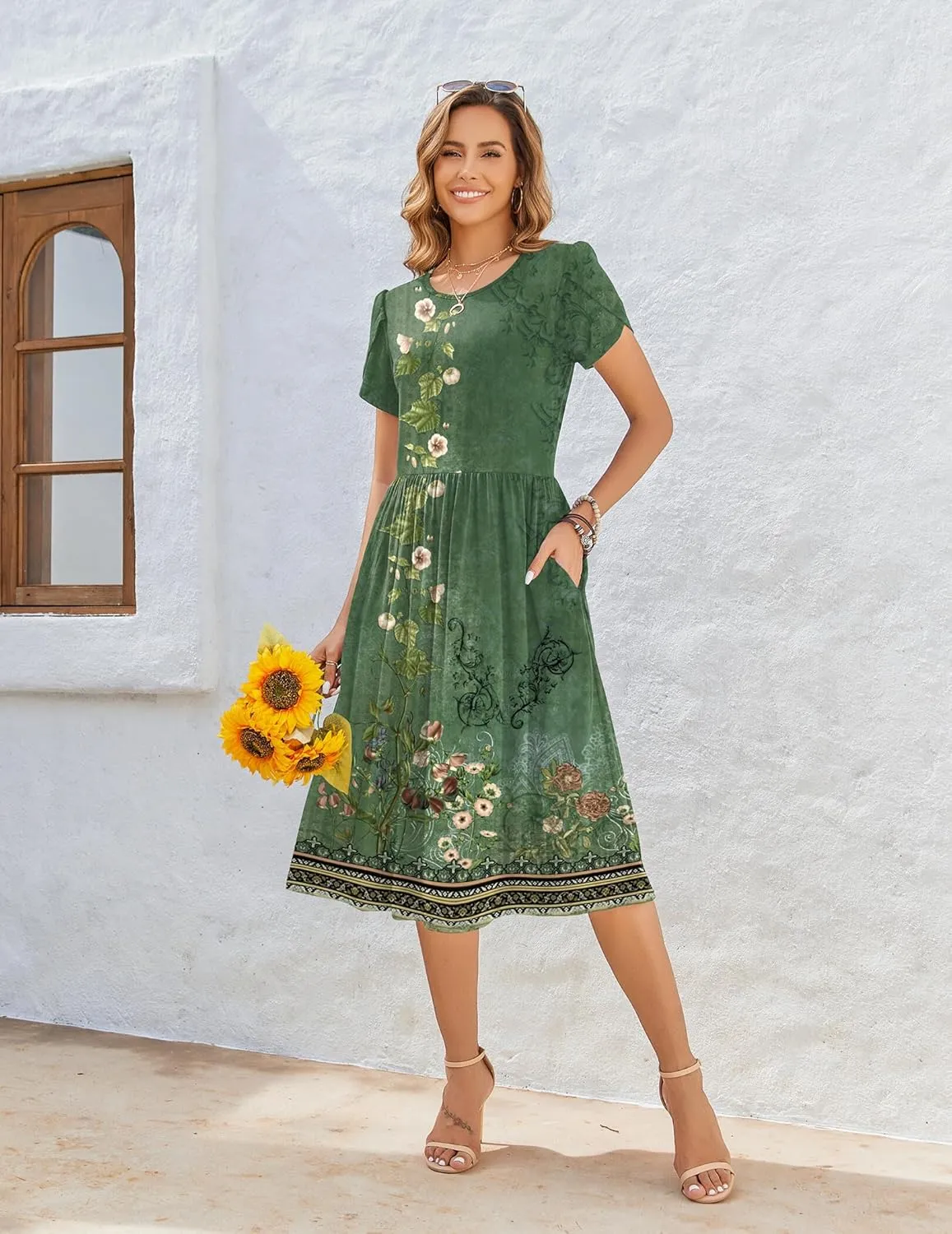 Zeagoo Women Summer Short Sleeve Midi Dress with Pockets Casual Aline Flowy Tshirt Dress Floral Vocation Beach Sundress