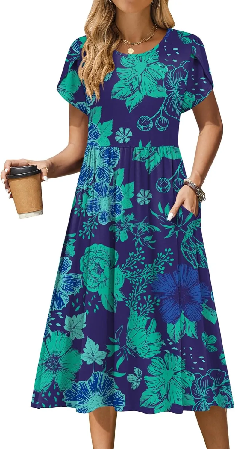Zeagoo Women Summer Short Sleeve Midi Dress with Pockets Casual Aline Flowy Tshirt Dress Floral Vocation Beach Sundress