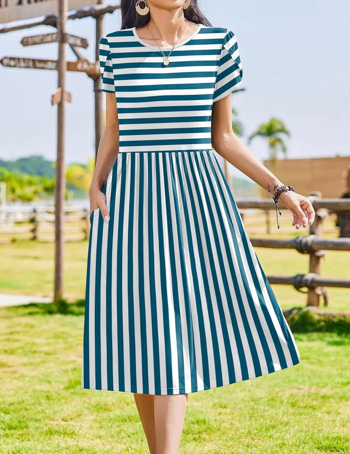 Zeagoo Women Summer Short Sleeve Midi Dress with Pockets Casual Aline Flowy Tshirt Dress Floral Vocation Beach Sundress