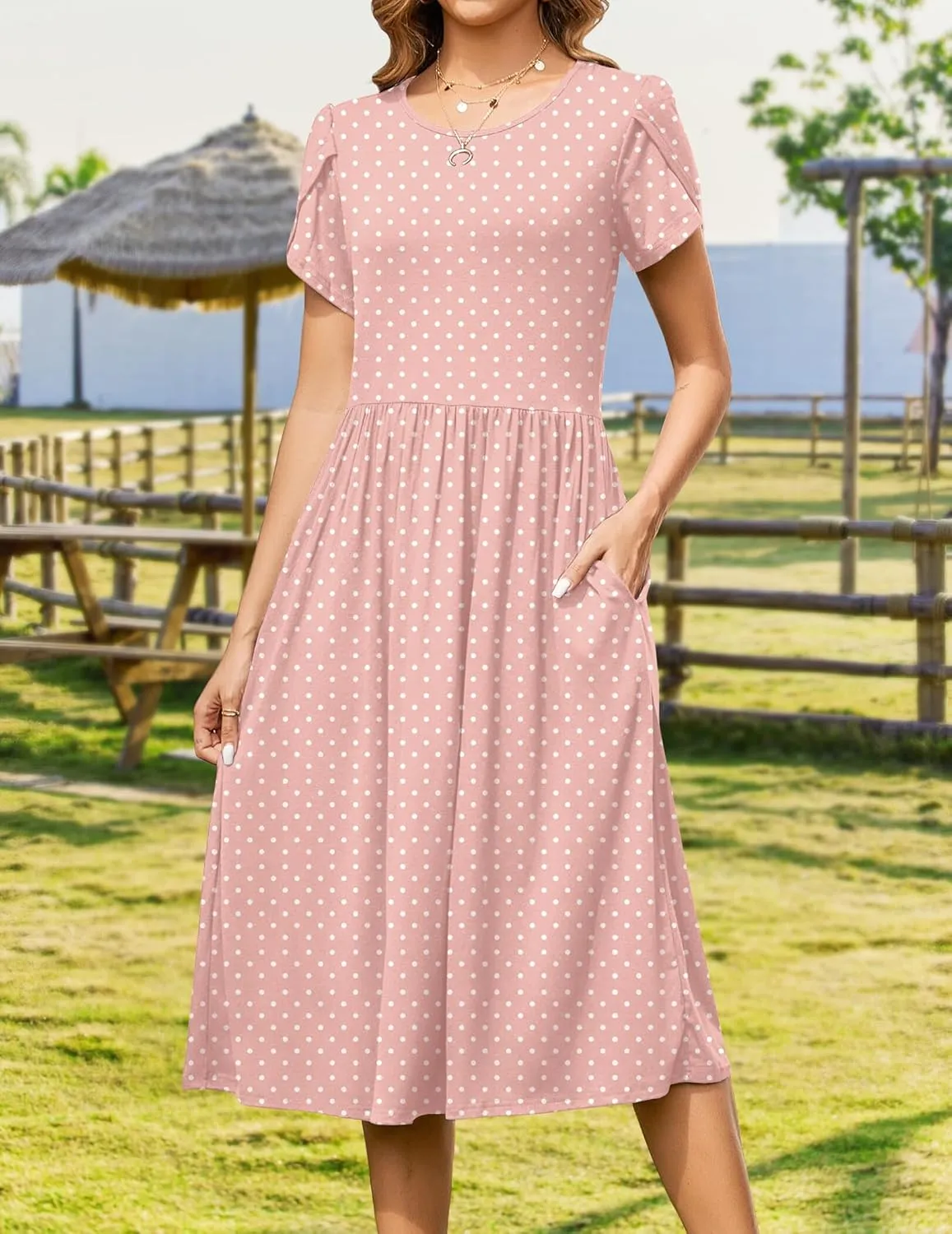 Zeagoo Women Summer Short Sleeve Midi Dress with Pockets Casual Aline Flowy Tshirt Dress Floral Vocation Beach Sundress