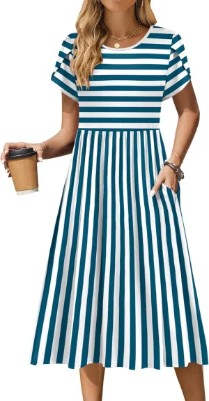 Zeagoo Women Summer Short Sleeve Midi Dress with Pockets Casual Aline Flowy Tshirt Dress Floral Vocation Beach Sundress