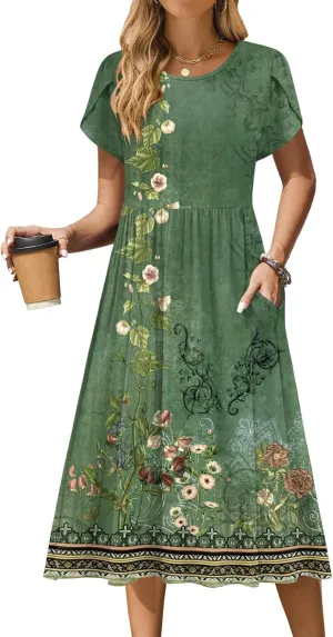 Zeagoo Women Summer Short Sleeve Midi Dress with Pockets Casual Aline Flowy Tshirt Dress Floral Vocation Beach Sundress