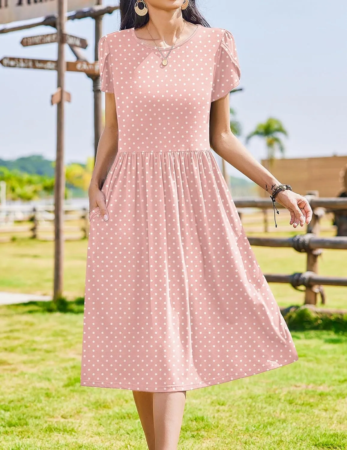 Zeagoo Women Summer Short Sleeve Midi Dress with Pockets Casual Aline Flowy Tshirt Dress Floral Vocation Beach Sundress