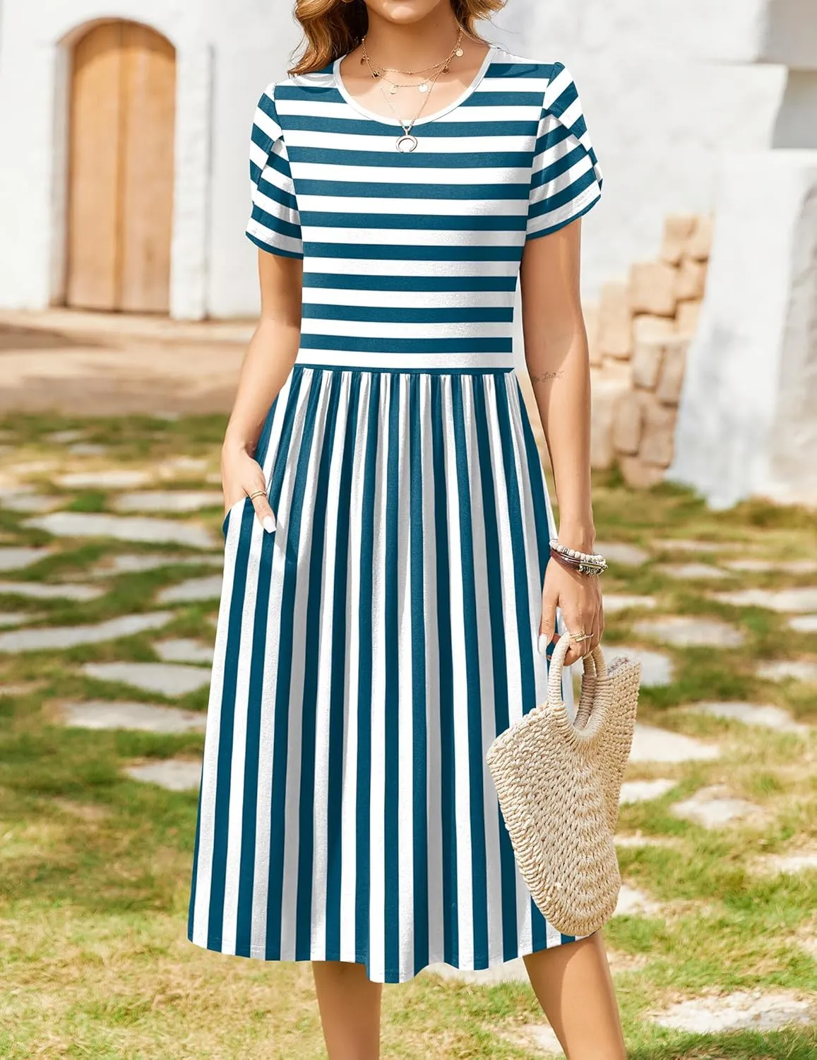 Zeagoo Women Summer Short Sleeve Midi Dress with Pockets Casual Aline Flowy Tshirt Dress Floral Vocation Beach Sundress