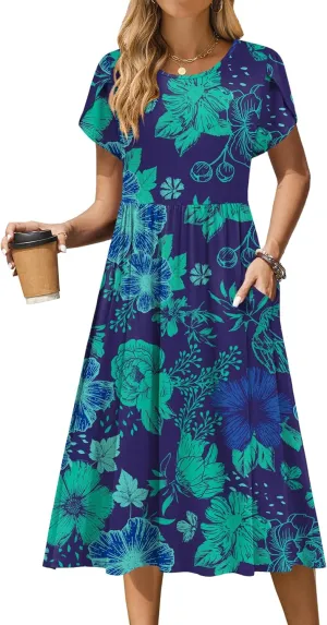 Zeagoo Women Summer Short Sleeve Midi Dress with Pockets Casual Aline Flowy Tshirt Dress Floral Vocation Beach Sundress