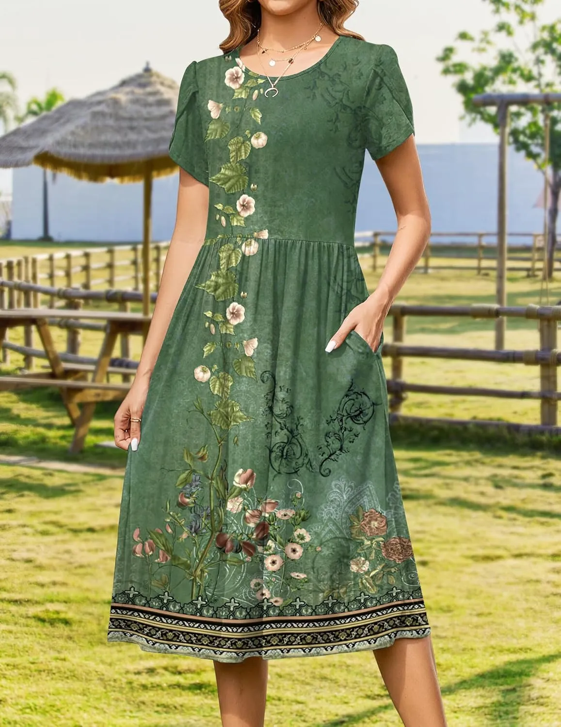 Zeagoo Women Summer Short Sleeve Midi Dress with Pockets Casual Aline Flowy Tshirt Dress Floral Vocation Beach Sundress