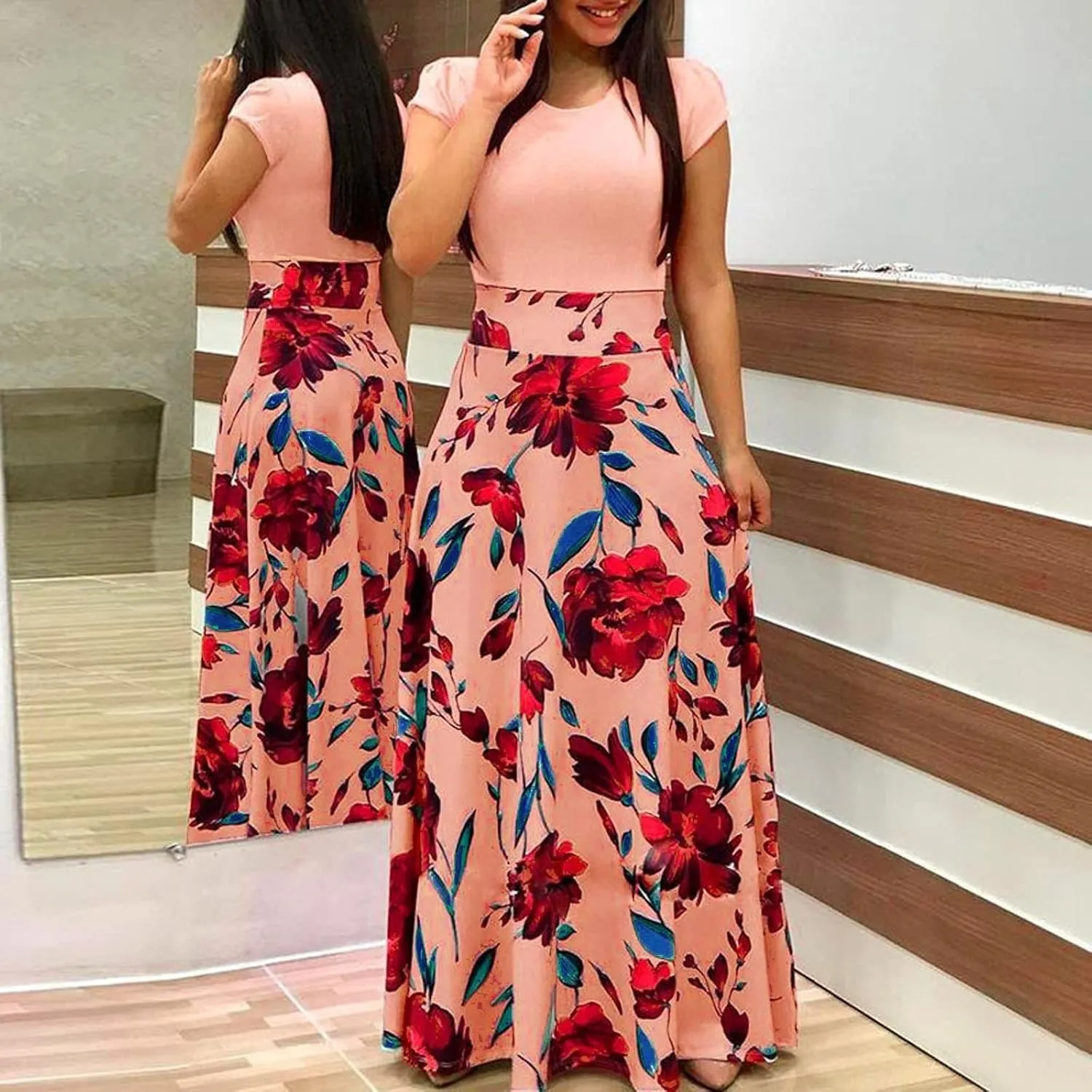 ZEFOTIM Dresses for Women 2024 Short/Long Sleeve Floral Maxi Long Dress Fashion Casual Summer Sun Boho Dresses