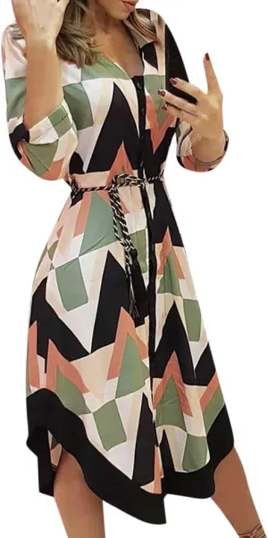 ZEFOTIM Spring Dresses for Women 2024 Long Sleeve Geometric Dress Fashion Casual V Neck Button Beach Sun Dress