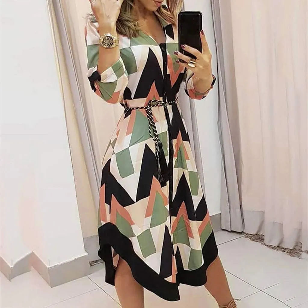 ZEFOTIM Spring Dresses for Women 2024 Long Sleeve Geometric Dress Fashion Casual V Neck Button Beach Sun Dress