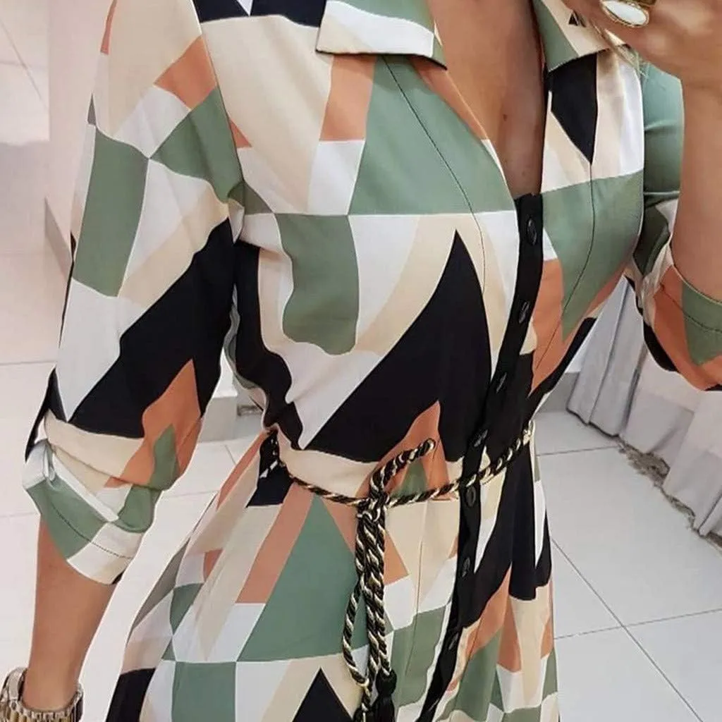 ZEFOTIM Spring Dresses for Women 2024 Long Sleeve Geometric Dress Fashion Casual V Neck Button Beach Sun Dress