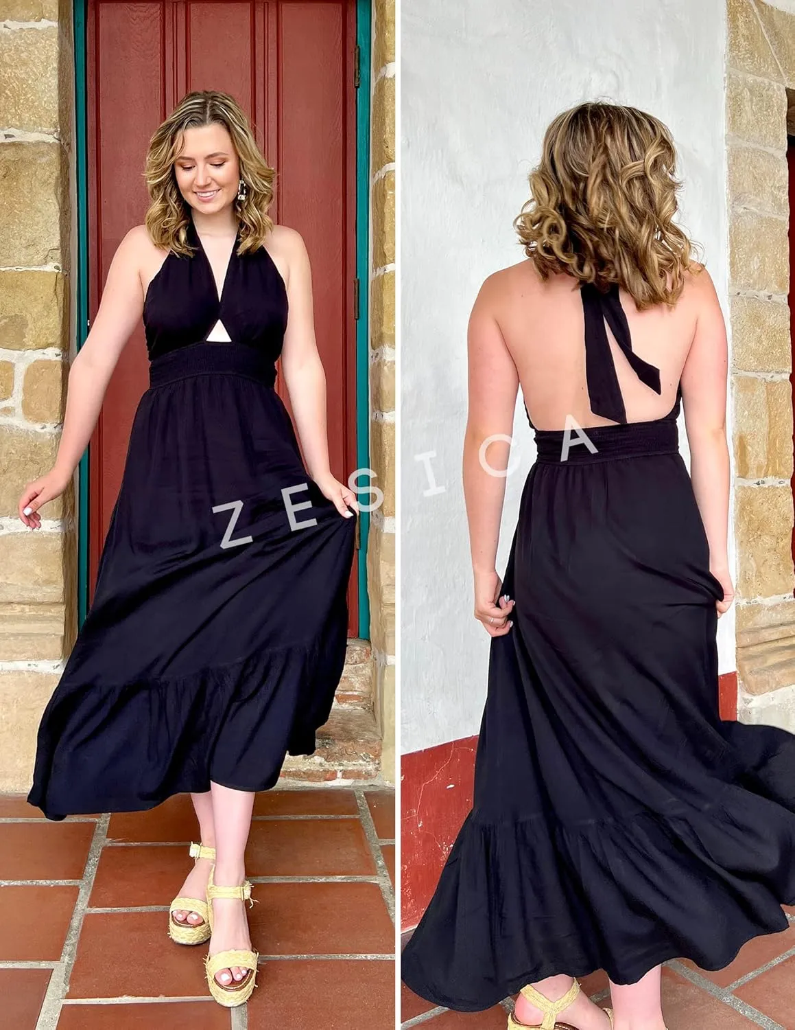 ZESICA Women's 2025 Summer Crossover Halter Neck Sleeveless Plaid Cut Out Backless Flowy A Line Maxi Dress