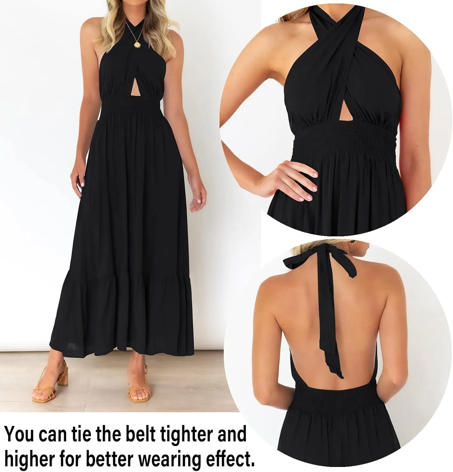 ZESICA Women's 2025 Summer Crossover Halter Neck Sleeveless Plaid Cut Out Backless Flowy A Line Maxi Dress