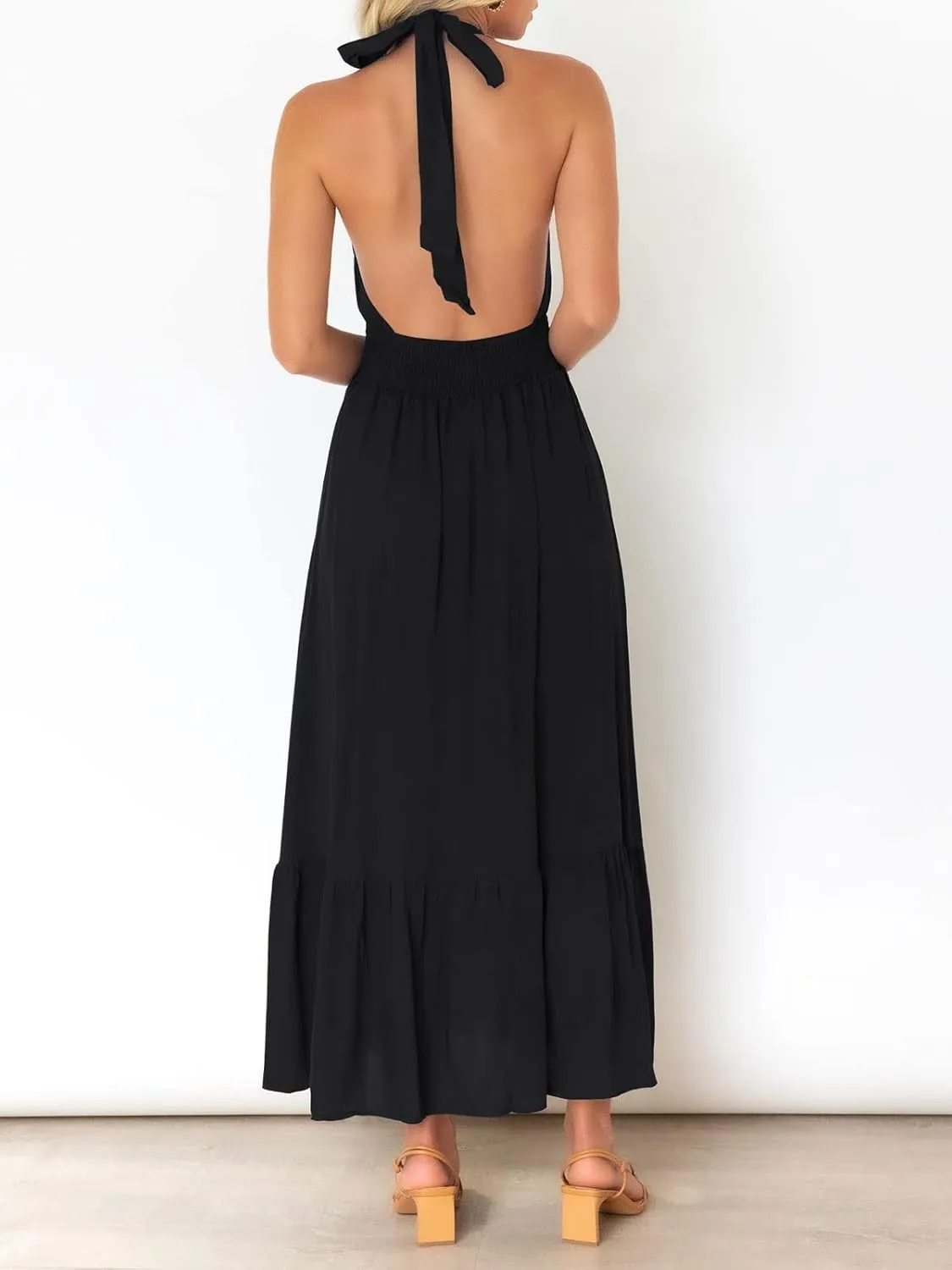 ZESICA Women's 2025 Summer Crossover Halter Neck Sleeveless Plaid Cut Out Backless Flowy A Line Maxi Dress