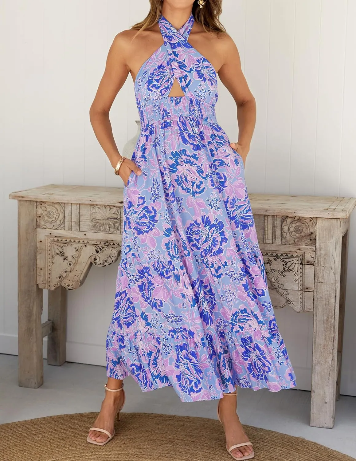 ZESICA Women's 2025 Summer Crossover Halter Neck Sleeveless Plaid Cut Out Backless Flowy A Line Maxi Dress
