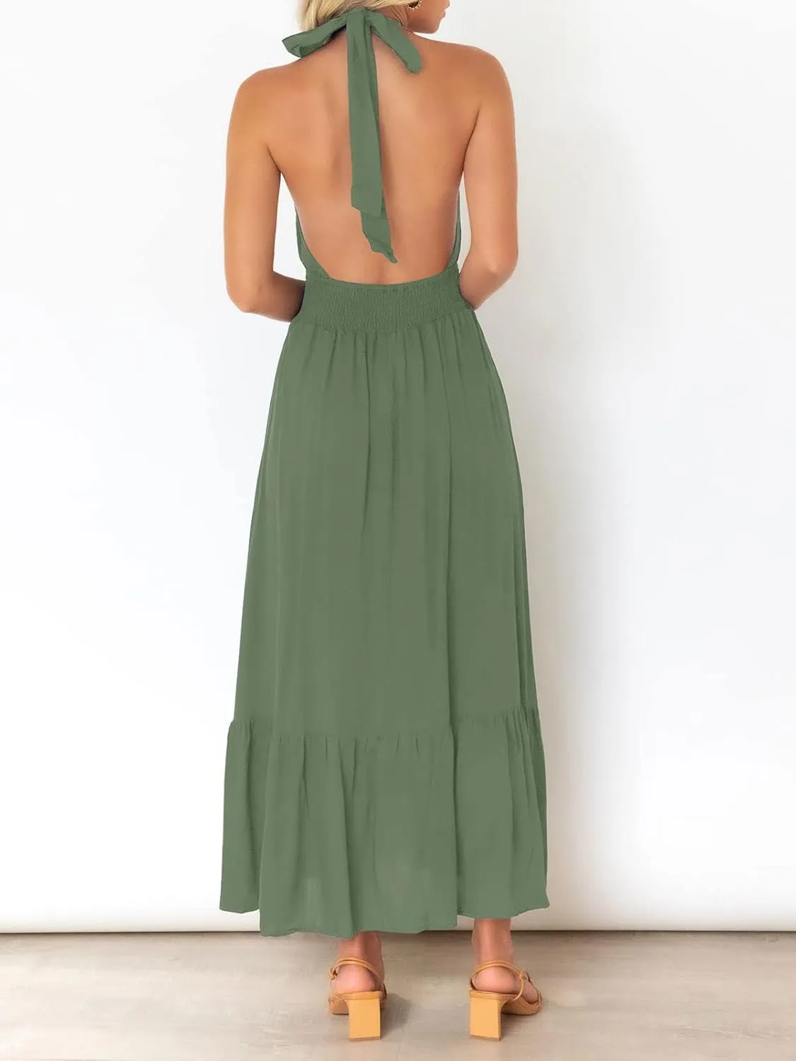 ZESICA Women's 2025 Summer Crossover Halter Neck Sleeveless Plaid Cut Out Backless Flowy A Line Maxi Dress