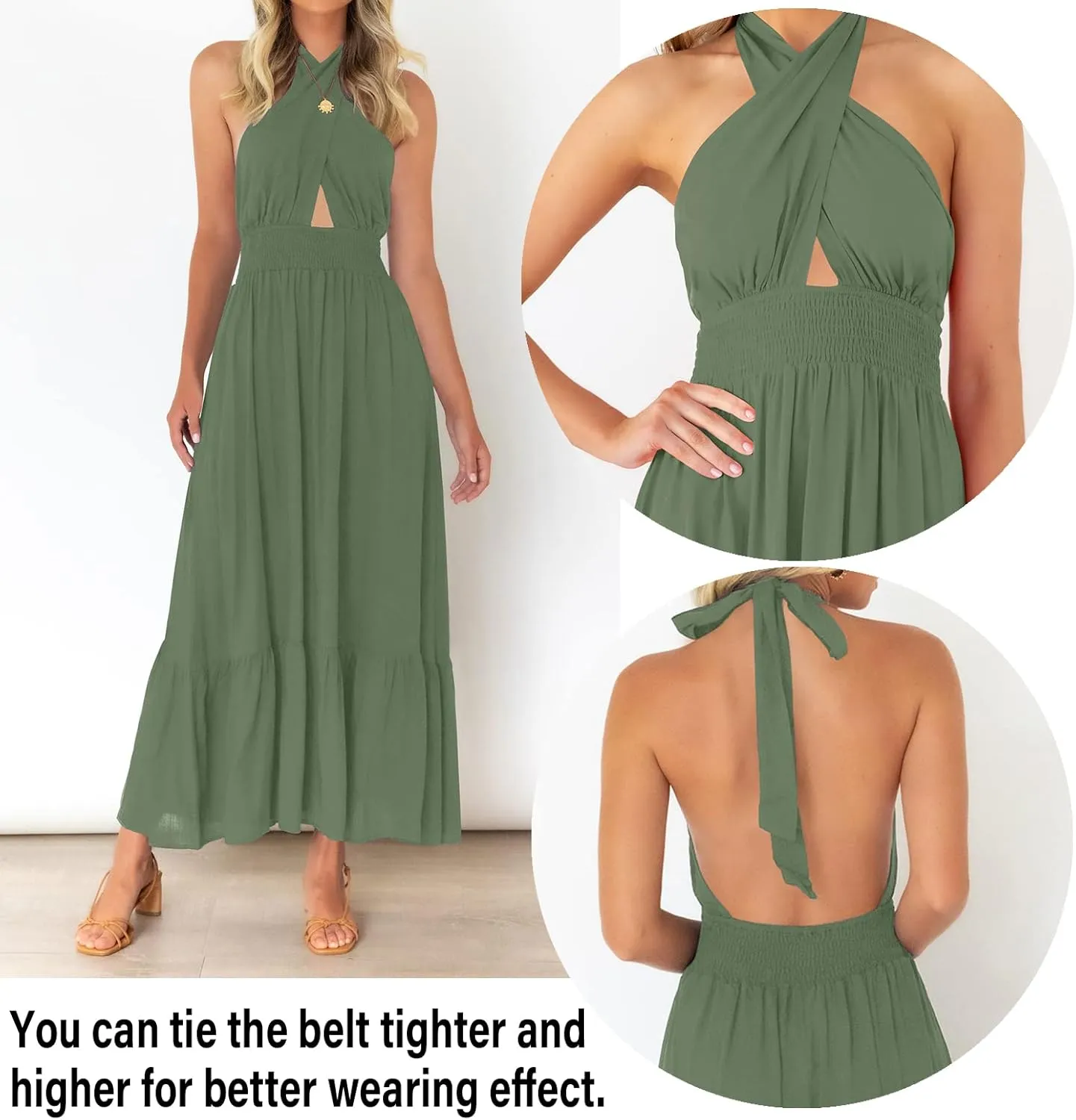 ZESICA Women's 2025 Summer Crossover Halter Neck Sleeveless Plaid Cut Out Backless Flowy A Line Maxi Dress
