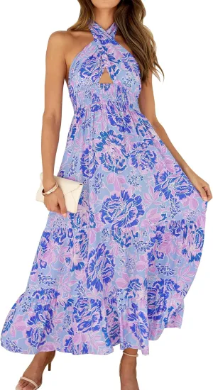 ZESICA Women's 2025 Summer Crossover Halter Neck Sleeveless Plaid Cut Out Backless Flowy A Line Maxi Dress