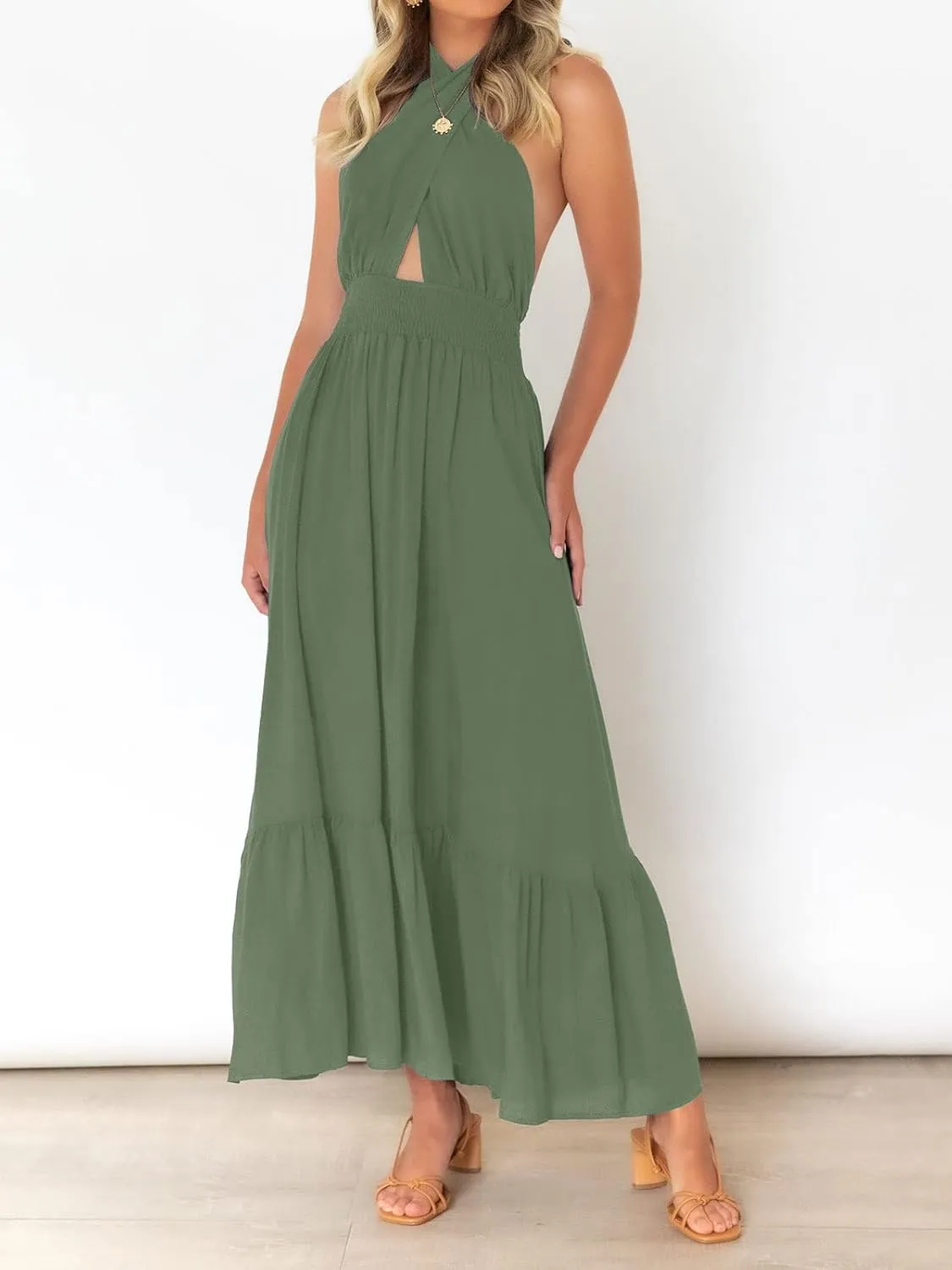 ZESICA Women's 2025 Summer Crossover Halter Neck Sleeveless Plaid Cut Out Backless Flowy A Line Maxi Dress