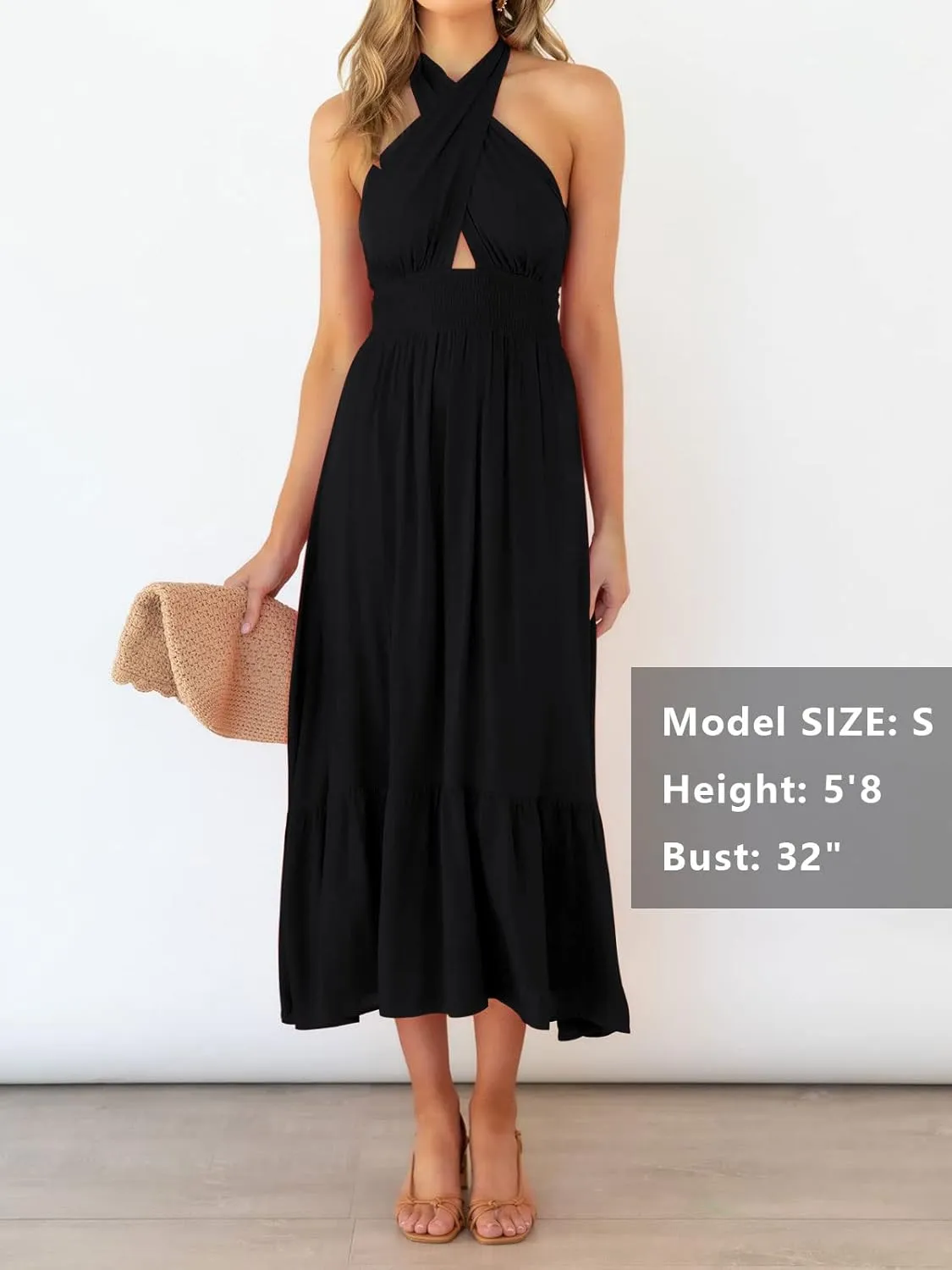 ZESICA Women's 2025 Summer Crossover Halter Neck Sleeveless Plaid Cut Out Backless Flowy A Line Maxi Dress