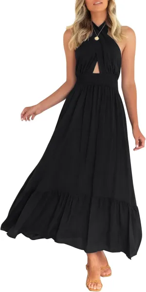 ZESICA Women's 2025 Summer Crossover Halter Neck Sleeveless Plaid Cut Out Backless Flowy A Line Maxi Dress