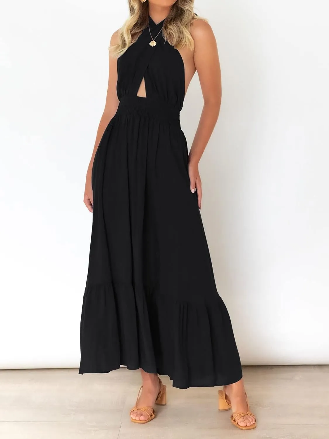 ZESICA Women's 2025 Summer Crossover Halter Neck Sleeveless Plaid Cut Out Backless Flowy A Line Maxi Dress