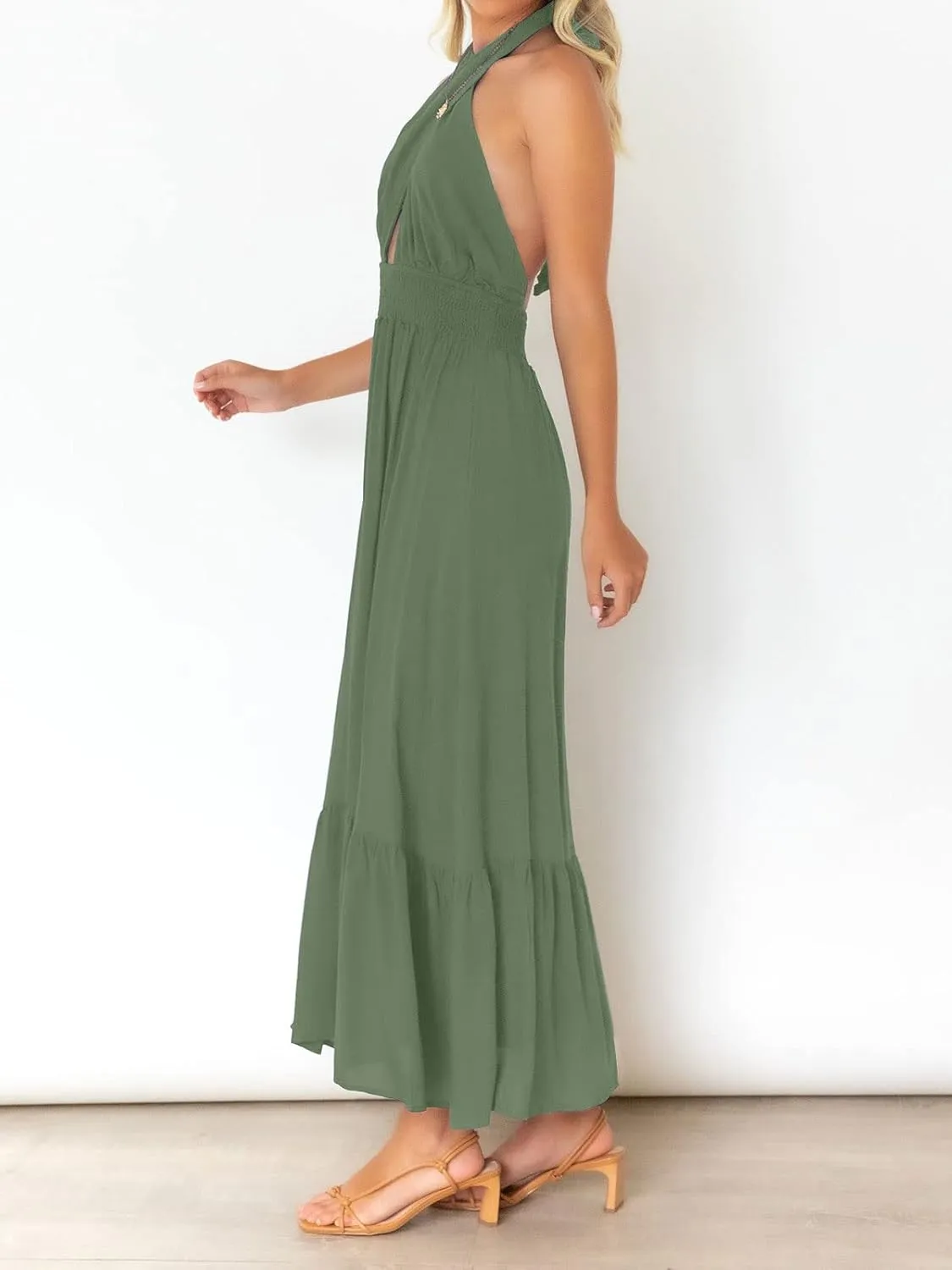 ZESICA Women's 2025 Summer Crossover Halter Neck Sleeveless Plaid Cut Out Backless Flowy A Line Maxi Dress