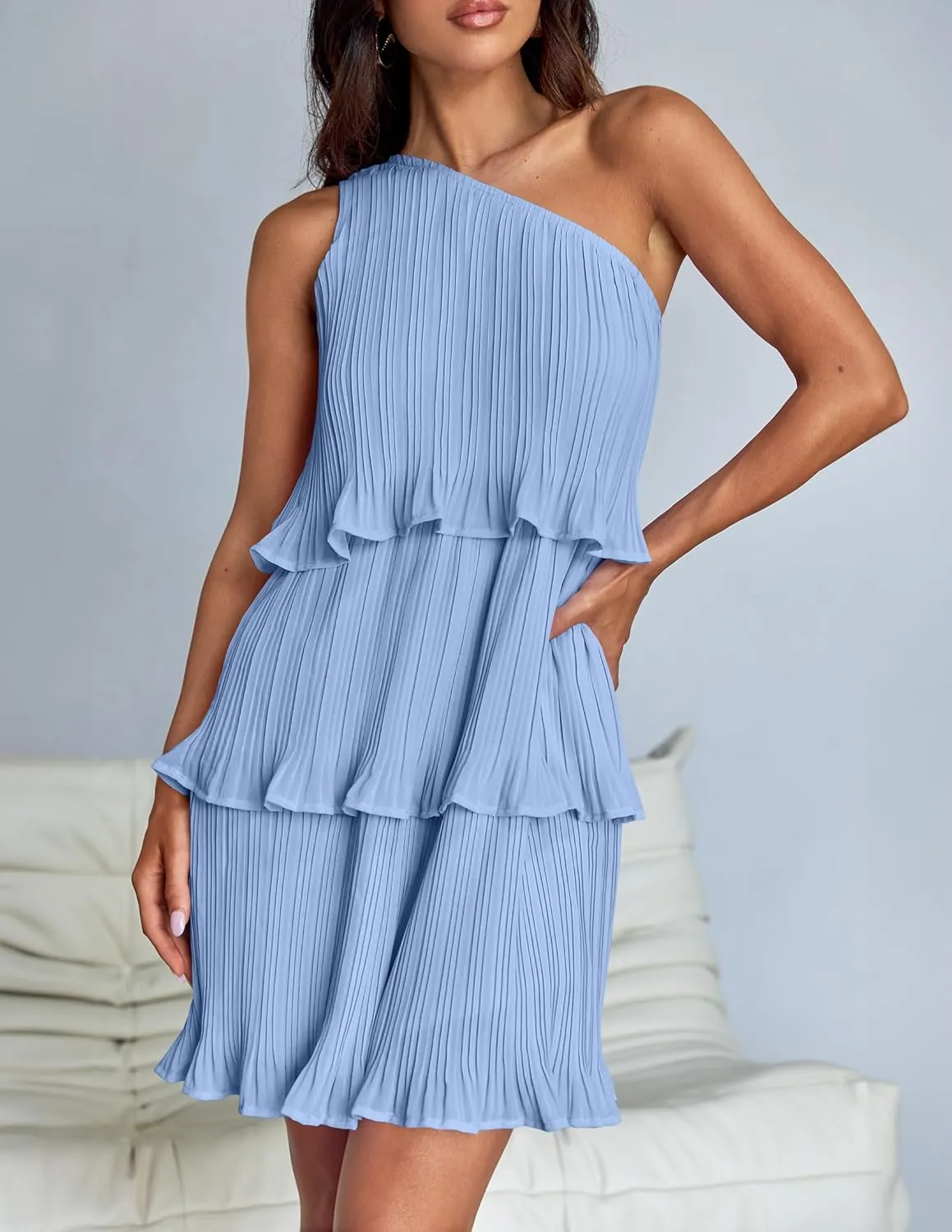 ZESICA Women's 2025 Summer Sleeveless Mini Dress Boho One Shoulder Ruffle Tiered Layered Chiffon Flowy A Line Dresses