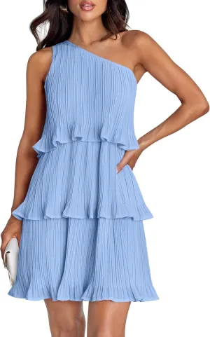 ZESICA Women's 2025 Summer Sleeveless Mini Dress Boho One Shoulder Ruffle Tiered Layered Chiffon Flowy A Line Dresses