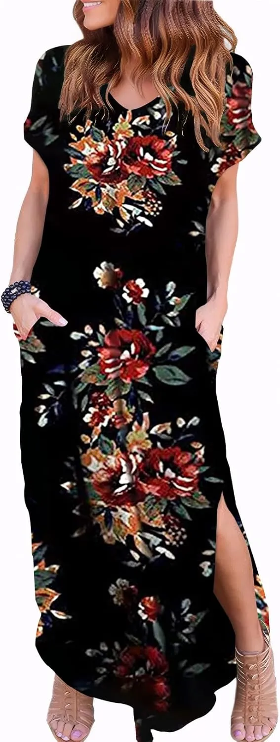 Zilcremo Women Summer Casual Maxi Dress Loose Pockets Short Sleeve Split Boho Dresses Apricot