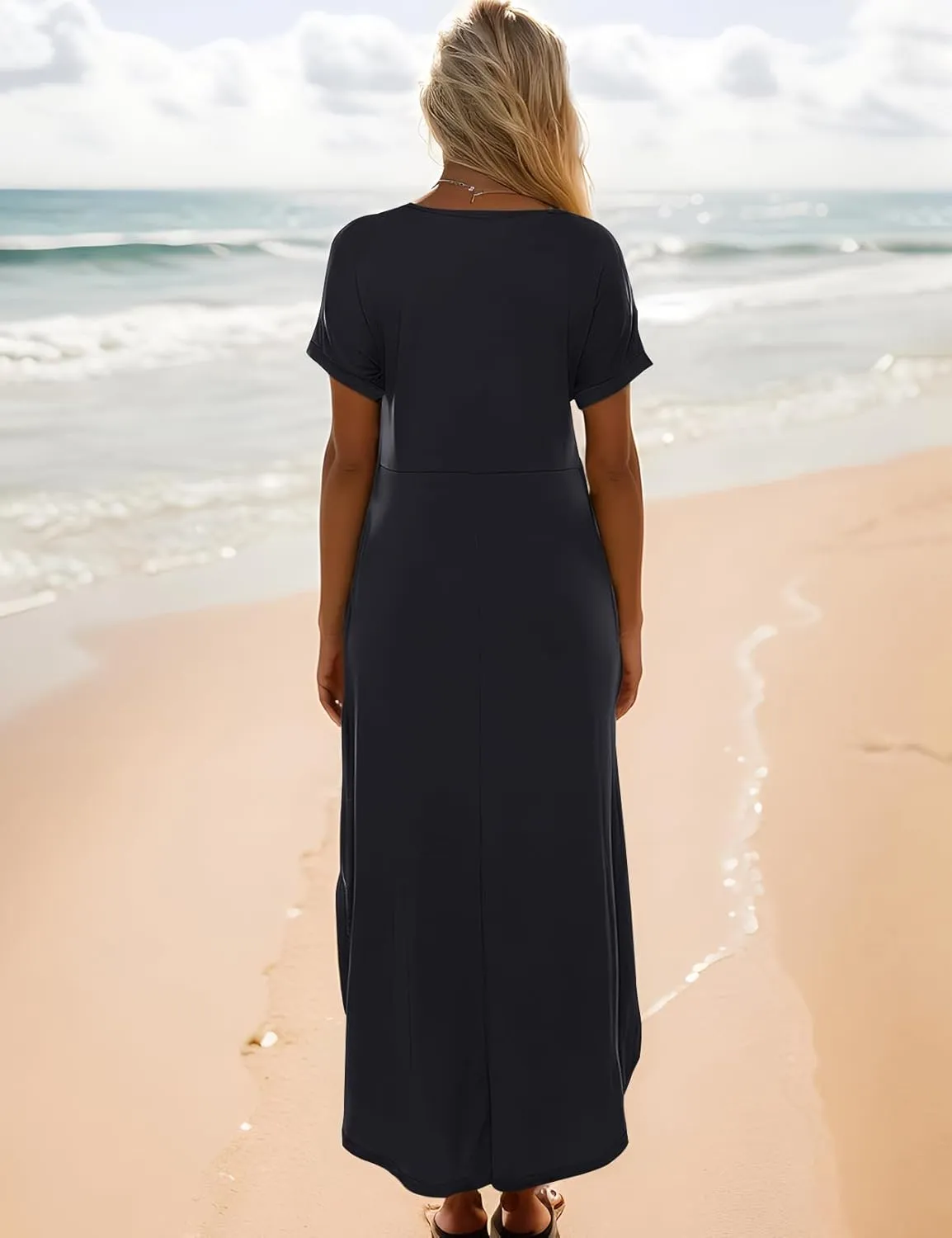 Zilcremo Women Summer Casual Maxi Dress Loose Pockets Short Sleeve Split Boho Dresses Apricot