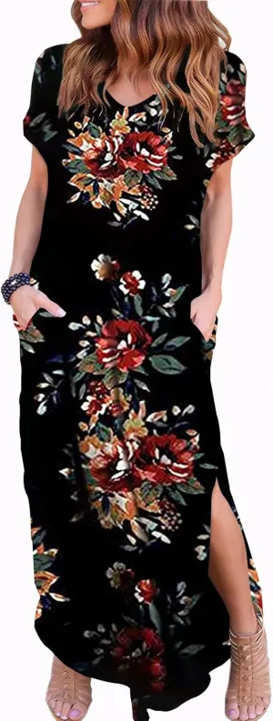 Zilcremo Women Summer Casual Maxi Dress Loose Pockets Short Sleeve Split Boho Dresses Apricot