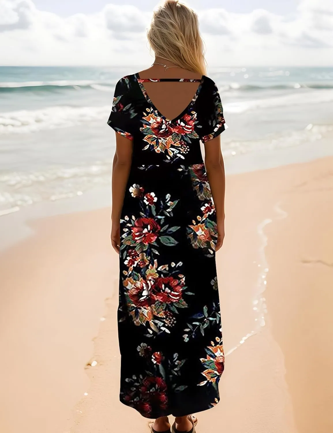 Zilcremo Women Summer Casual Maxi Dress Loose Pockets Short Sleeve Split Boho Dresses Apricot