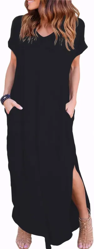 Zilcremo Women Summer Casual Maxi Dress Loose Pockets Short Sleeve Split Boho Dresses Apricot