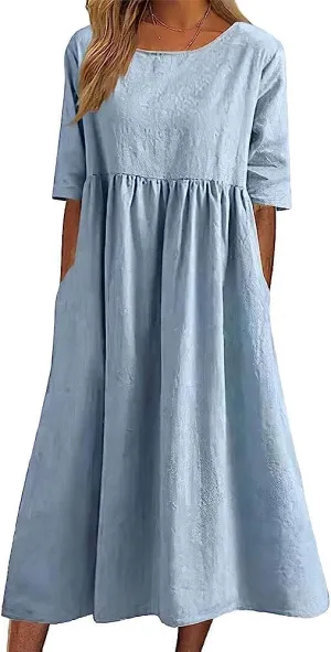 ZOCANIA Women's Half Sleeve Linen Maxi Dresses Casual Loose Plus Size Beach Dress for Women with Pockets