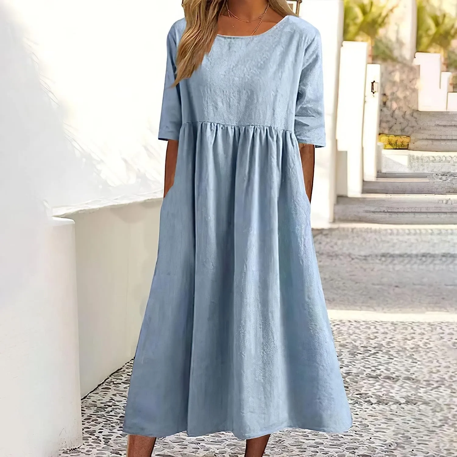 ZOCANIA Women's Half Sleeve Linen Maxi Dresses Casual Loose Plus Size Beach Dress for Women with Pockets