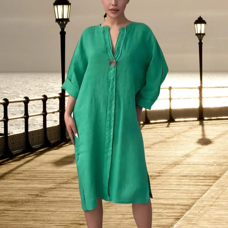 ZOCAVIA Cotton Linen Midi Shirt Dresses for Women Summer V Neck Button Down Long Sleeve Flowy Side Split Hem Beach Sundress